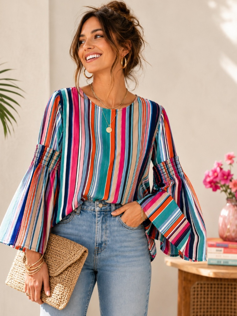 SPENSE Striped Balloon Sleeve Boho Blouse Small Colorful Top Dopamine Dressing